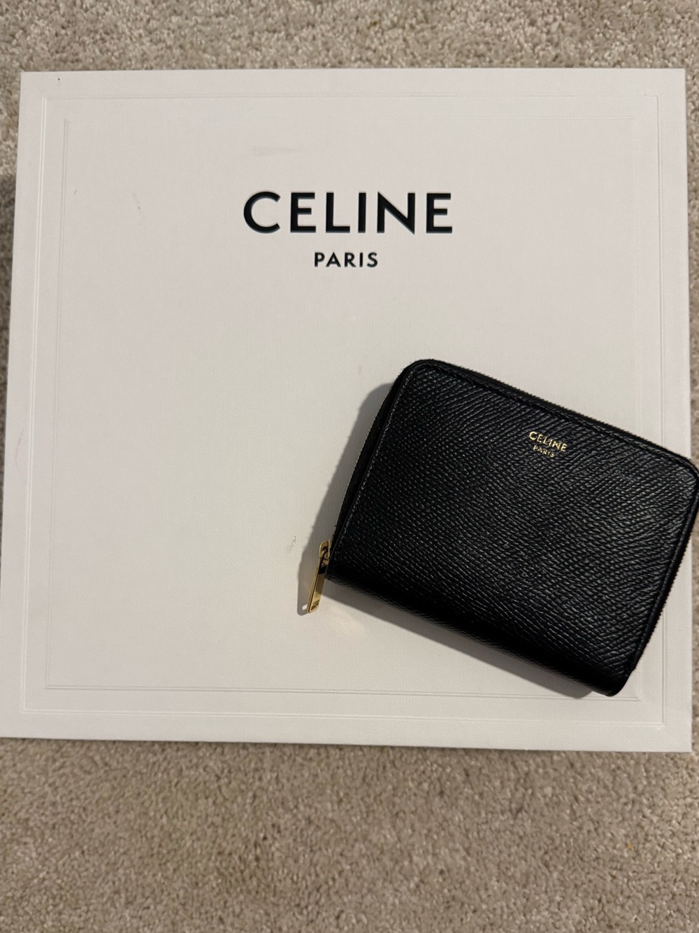 Celine Black Leather Zip Card Holder with Gold Hardware